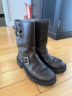 Zara Dark Brown Leather Buckle Boots